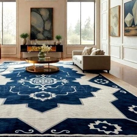 Handcrafted Blue Traditional Pattern Living Room Rug